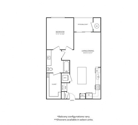 Floor plan for 1 bed, 1 bath, 735 sqft